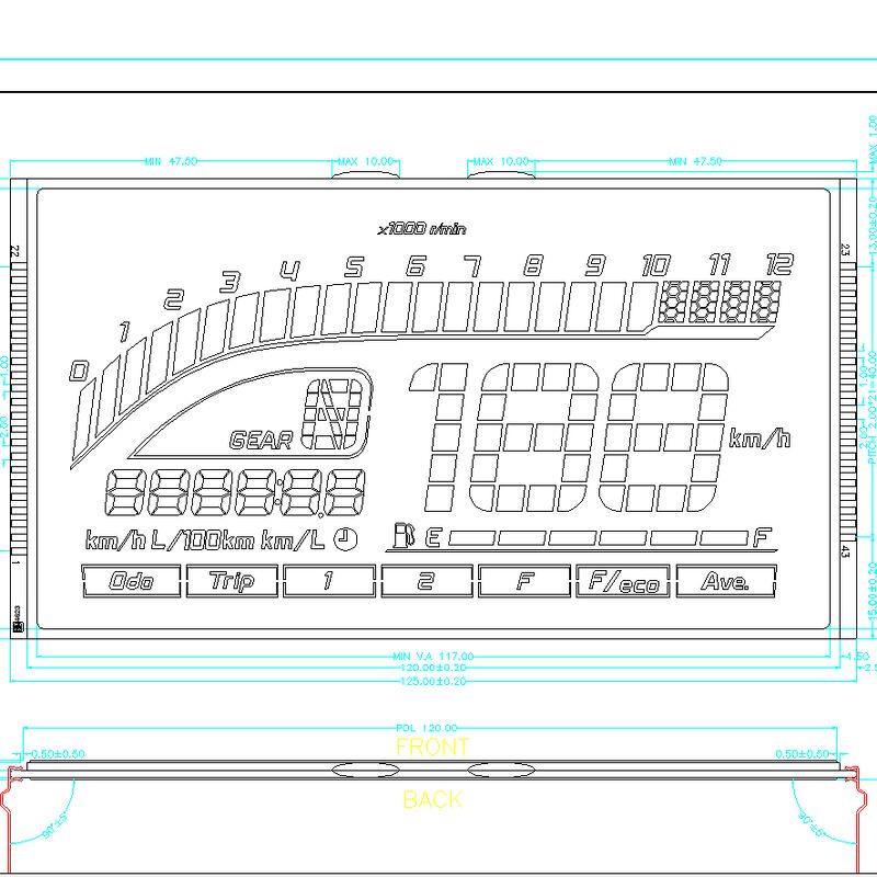 Màn hình LCD HTN tùy chỉnh Màn hình xanh 7 đoạn Màn hình LCD phân đoạn HTN Bảng điều khiển LCD phân đoạn âm cho đồng hồ tốc độ